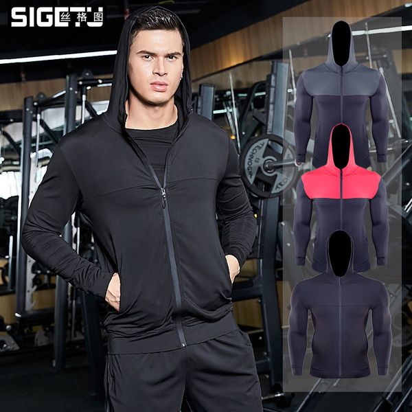 

hooded tight gym men running jackets sports fitness long sleeves soccer basketball outdoor training run jogging jackets clothes, Black;red