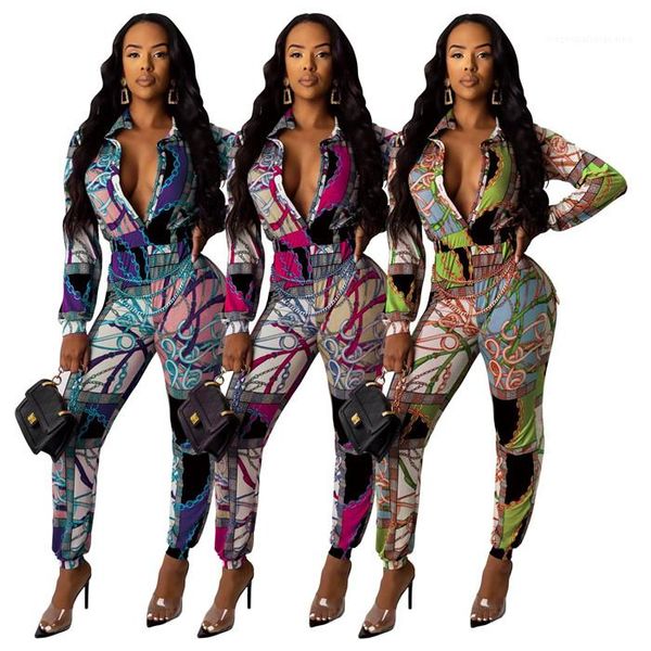 

casual apparel womens floral print jumpsuits summer designer lapel neck long sleeve pants fashion style female clothing, Black;white