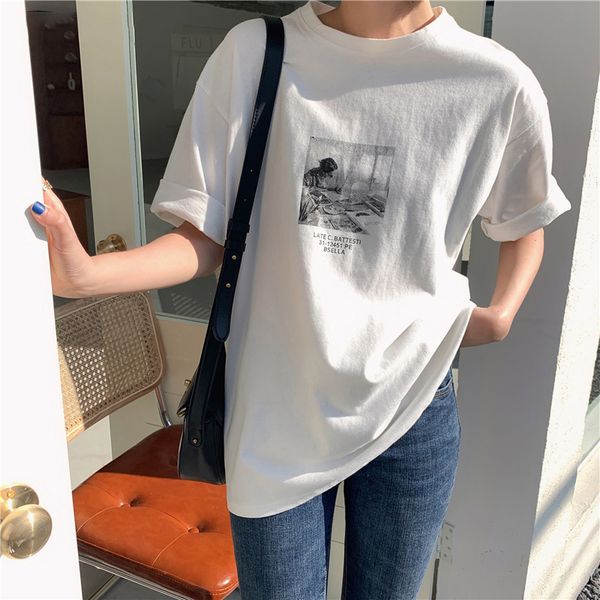 

2020 лето печатный хлопок женщины футболка повседневная с коротким рукавом свободные дна женский o-образным вырезом основные топы рубашка fe, White