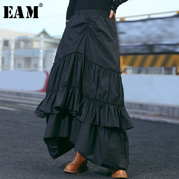 

eam] 2020 new spring summer high elastic waist black layers pleated stitch cake half-body skirt women fashion tide jl639, Black;gray