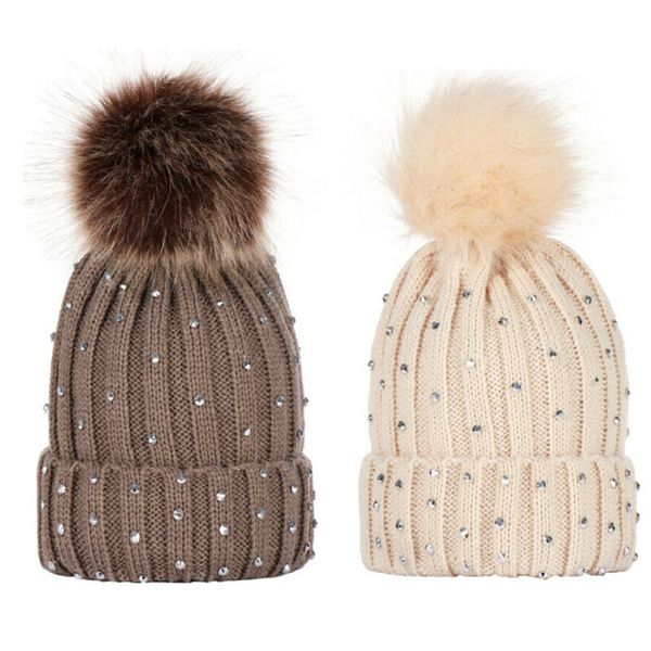 

winter hats for kids parent child pompom fur knitted beanie caps women baby fur pom pom hat girls boys warm outdoor ski cap, Yellow