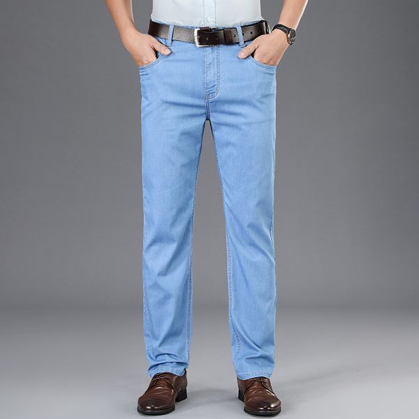 

2020 летние мужские тонкие прямые джинсы бизнес повседневный хлопок модальные удобные ткани брюки мужские брендовые брюки светло-голубой сер, Blue