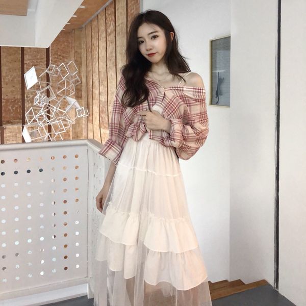 

women dresses trendy womens dress shop strap two-piece plaid shirt high waist skirt set sweet ageing two-piece set, White