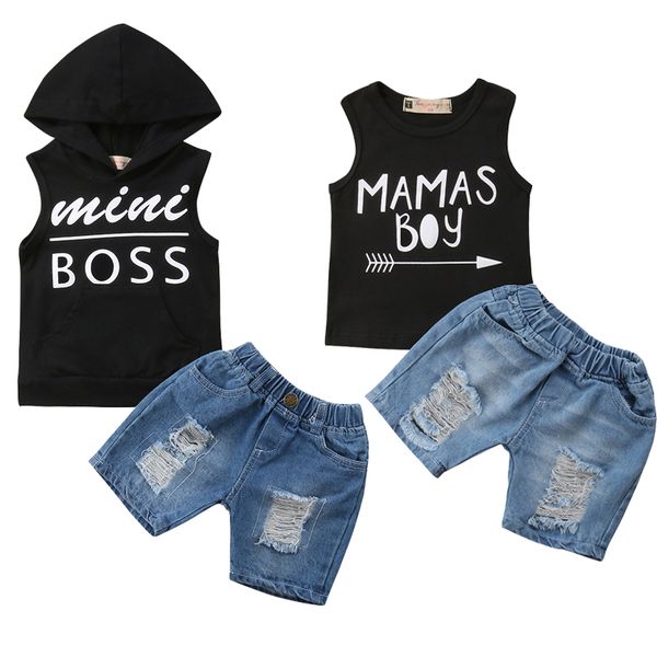 

mimi boss/mama's boy newborn toddler baby boy sleeveless vest +denim shorts hole jeans 2pcs outfits summer clothing set, White