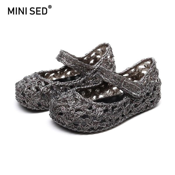 

original 2019 girl crystal shoes girls jelly sandals hollow shoes children sandal kids breathable beach mini melissa, Black;red