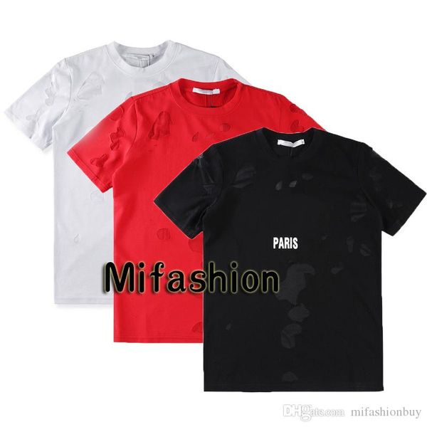 

18ss luxury europe paris black white big broken holes tshirt fashion men women star print t shirt casual cotton tee top, White;black