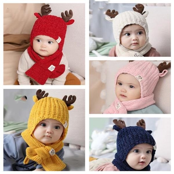 

xmas baby knitted beanie child milu deer horn hat add wool scarf 2 pieces kids outdoor candy color winter warm scarf hat wy234q, Yellow