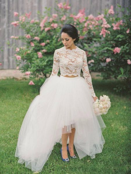 

asymmetrical country wedding gown dresses illusion long sleeves lace two pieces tulle wedding bridal gowns vestidos de novia, White