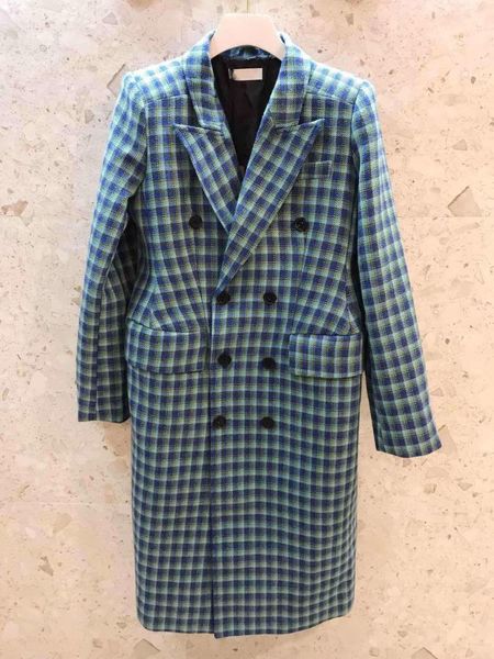 

2019 classic blue pink plaid wool women autumn winter extra long jacket vintage lady double breasted formal blazer, Black