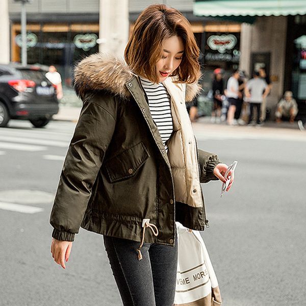 

2018 new women's winter short cotton coat hooded fur collar letter cotton jacket thick warm loose large size coat lq054, Black