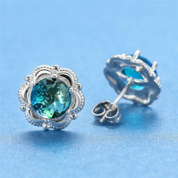 

cute silver rose gold flower earrings luxury female blue round stud earrings vintage bride zircon wedding for women, Golden;silver