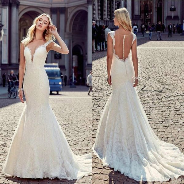 

eddy k 2019 свадебные платья с глубоким v-образным вырезом и полным кружевом винтаж пляжные свадебные платья sweep train русалка свадебное п, White