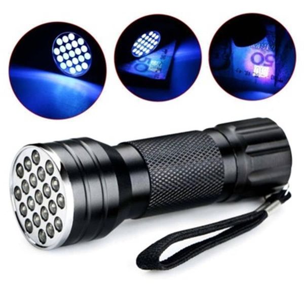 Tragbare Mini-UV-Ultraviolett-Lila-Taschenlampe mit 21 LEDs, Schwarzlicht, hohe Helligkeit, 395 nm