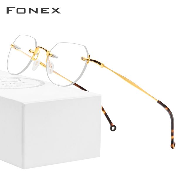 

fonex pure titanium rimless glasses men vintage polygon prescription eyeglasses frame women myopia optical frames eyewear 9142, Black