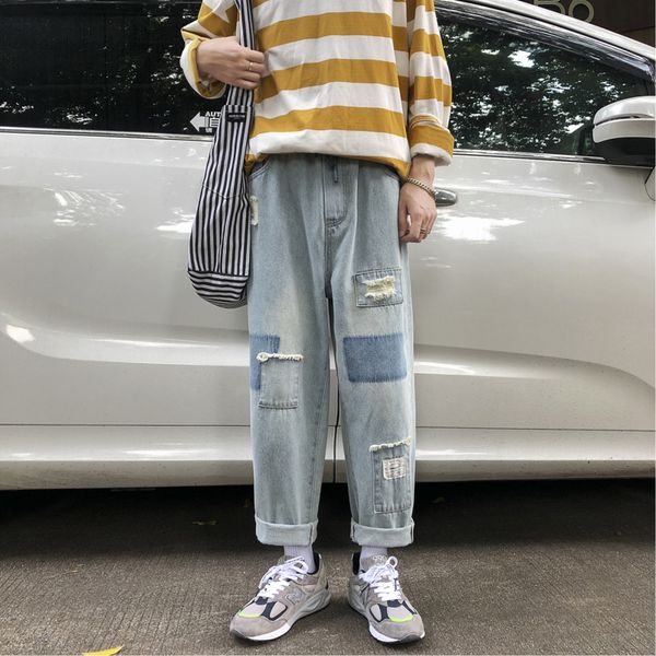

autumn new jeans men fashion washed solid color hole patch denim trousers man streetwear wild hip hop loose jeans male clothes, Blue