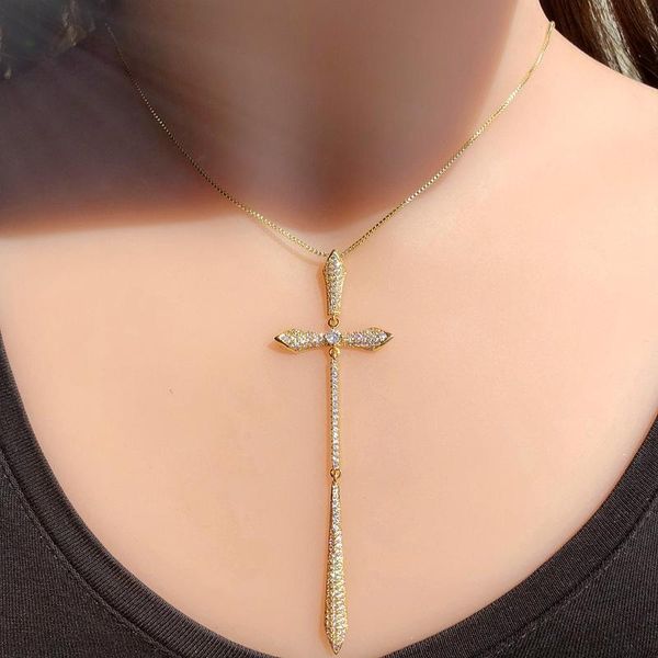 

luxury long cross pendant necklace pave white cubic zirconia stone gold color chain punk statement necklace 2019 fashion jewelry, Silver