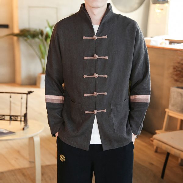 

chinese style cotton linen men coats vintage spring autumn loose stand collar button spliced color male retro jackets fashion, Black;brown