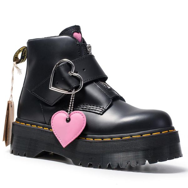 

thick heel women boots heart shape buckle genuine leather boots zip platform boot ladies zy8473, Black