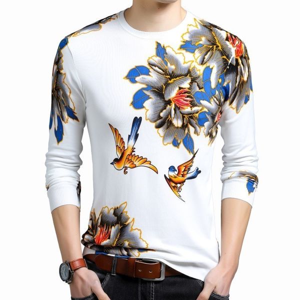 

2020 spring new fashion pullover erkek kazak flowers bird printed slim fit pull homme sweater mens chompas hombre, White;black