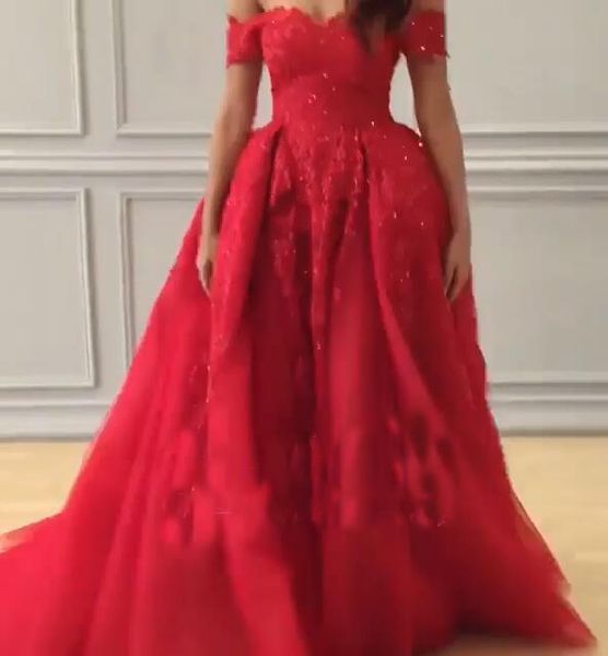 

Red Off Shoulder Lace Evening Dresses 2019 A line Appliques Long Prom Dresses Formal Dresses Short Sleeves Cheap