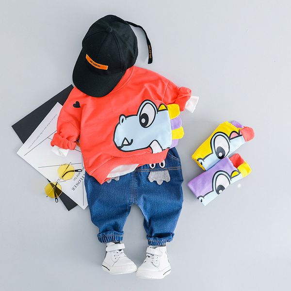 

fashion baby boy cartoon clothes set 2019 spring clothing for toddler dinosaur t shirt + pants outfit 1 2 3 4 years, White
