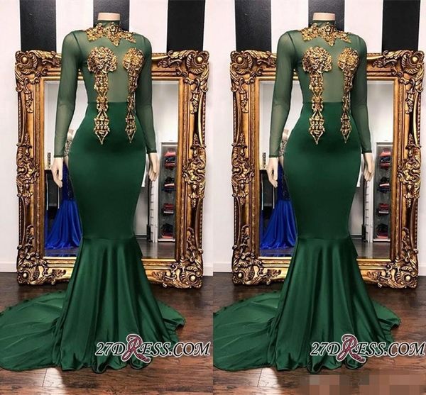 Verde sexy escuro alto pescoço vestidos de baile ilusão corpete ouro frisado lantejoulas apliques trem varredura mangas compridas sereia vestido de noite