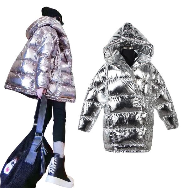 Atacado-novo moda feminina parkas metálicas lasca preta jaqueta de inverno colarinho de algodão de algodão acolchoado casaco quente casaco outerwear