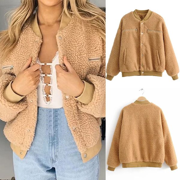 

feitong winter fashion simple women's casual brown zipper pocket solid coat button jackets female streetwear #101235, Black