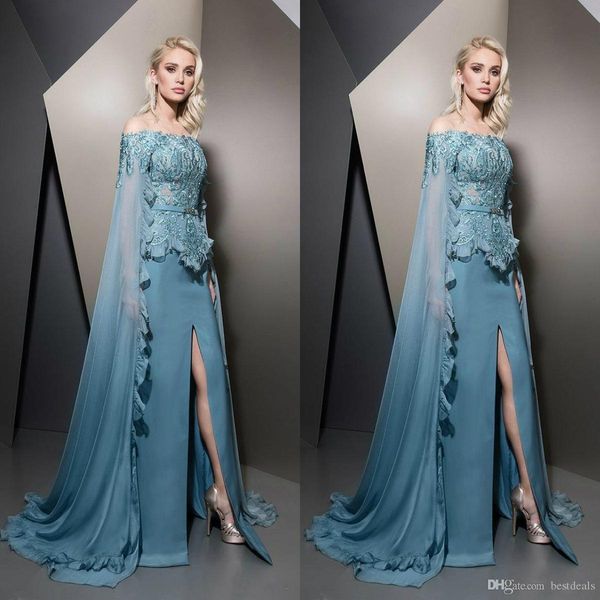 

fashion front split evening dresses with cape beaded off the shoulder prom gowns vestidos de fiesta sweep train satin appliqued formal dress, Black;red