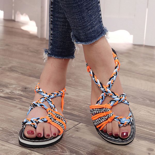 

sandals women summer ladies sandals patchwork rope flat sandalen comfy beach shoes sapato feminino sandalias mujer 2020, Black