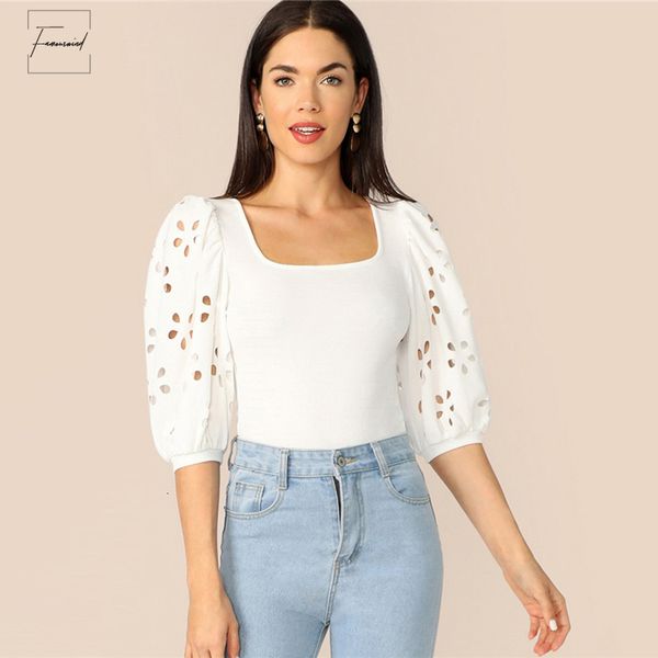 

blouse elegant white laser cut lantern sleeve scoop neck women hollow out summer 3 4 fitted length workwear blouses