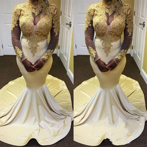 

elegant gold applique mermaid prom dresses long sleeve special occasion formal evening gown floor length high neck arabic party pageant wear, Black