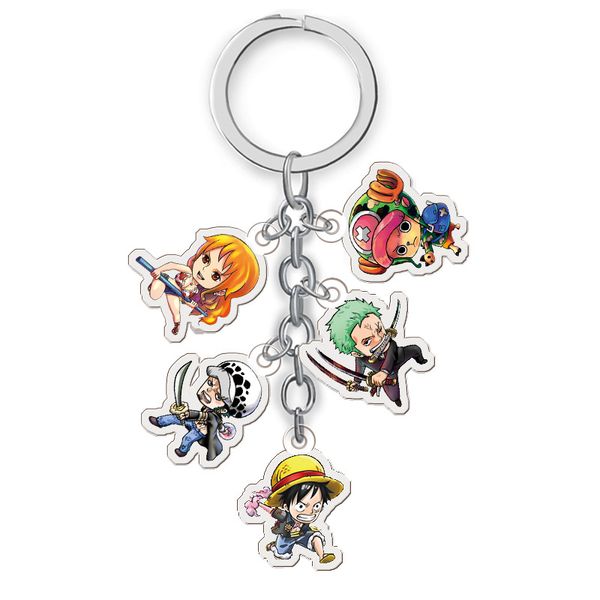 

5 in 1 anime one piece keychains japanese cartoon figure luffy skull skeleton car key holder chain keyrings friend gift, Silver