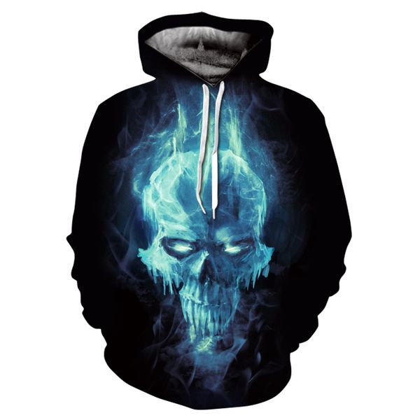 

2019 men 3d fashion casual creativity funny teenagers jacket blue fire skull printing sleeve loose hooded s-4xl, Black