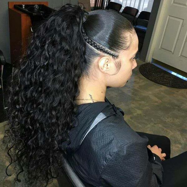 

fashion plus ponytail brazilian curly hair drawstring ponytail human hair extensions remy hair wrap around clip in pony tail, Black