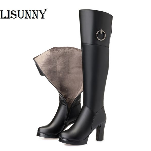 

2020 women thigh high knee boots new genuine leather women winter boots fashion over knee thigh high shoes, Black