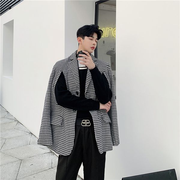 

men 2 style wear loose casual thick plaid suit coat shawl male vintage streetwear fashion blazer jacket outerwear, White;black