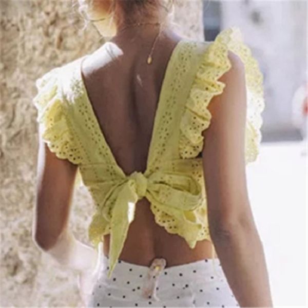 

women's blouses & shirts summer elegant blouse shirt women 2021 female retro two-color flying sleeve v-neck hollow back with top, White