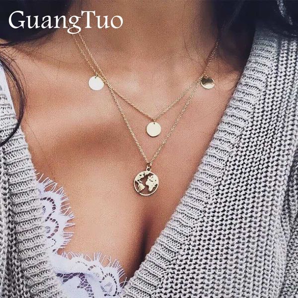 

nk144 bohemia retro gold silver hollow multi double layers round pendant necklace earth day gift personalized jewelry