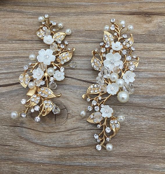 

2pcs/lot pearl flower handmade hair clip bridal crown tiara wedding style jewelry alloy rhinestone crown, Golden;white