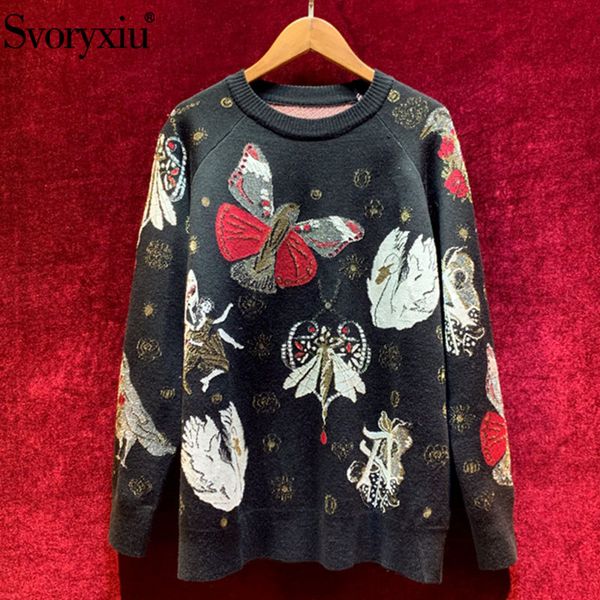 

svoryxiu 2019 designer autumn winter thick sweater pullovers women's long sleeve cartoon pattern fashion knitting pullovers, White;black