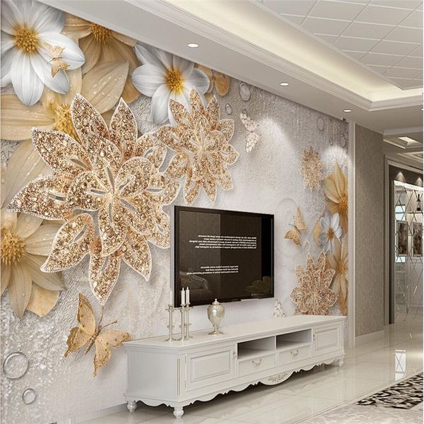 

custom p wallpaper 3d fresco luxurious gold jewelery flower butterfly tv wall papel de parede wall paper