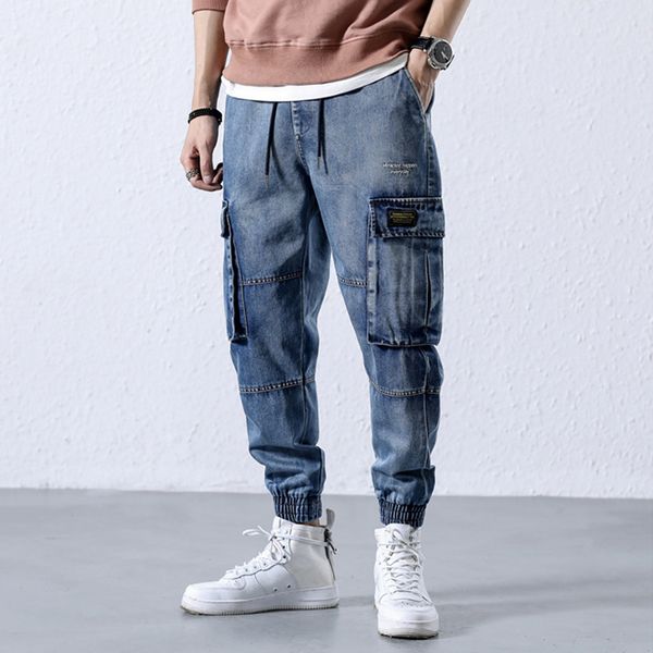 

2019fashion men jeans high street punk style jogger pants big pocket ankle banded cargo pants hip hop jeans men, Blue