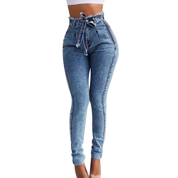 

new sale ladies elastic slim fringe belt high waist jeans casual fashion jeans, Blue