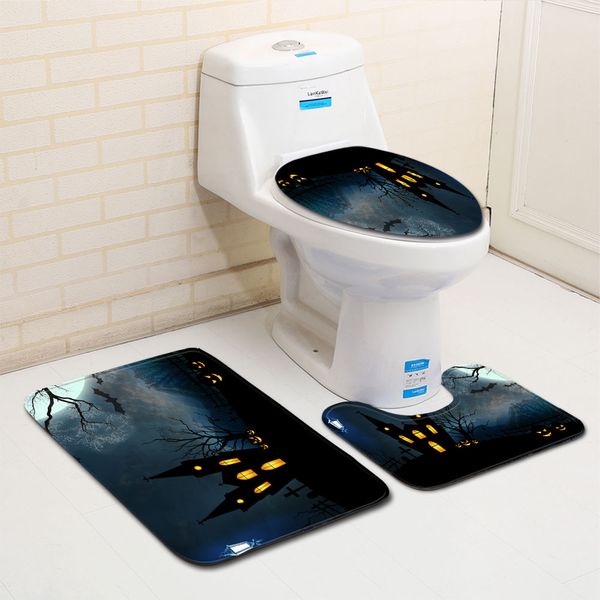 

anti-skid flannel toilet wc bath mat night ancient castle 3d printing bathroom carpet halloween toilet seat cover bath mat set
