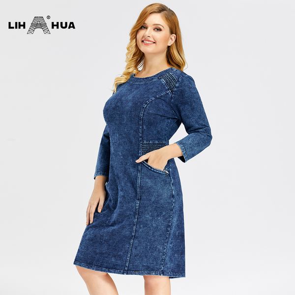

lih hua women's plus size denim dress premium stretch denim slim fit dress casual dress with shoulder pads, Black;gray