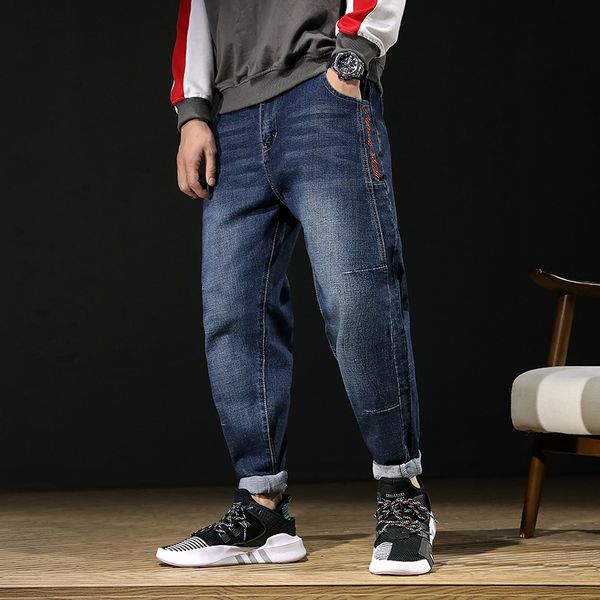 

new men's jeans cotton plus size loose tapered harem jeans cotton breathable denim pants men baggy jogger casual trousers 28-42, Blue