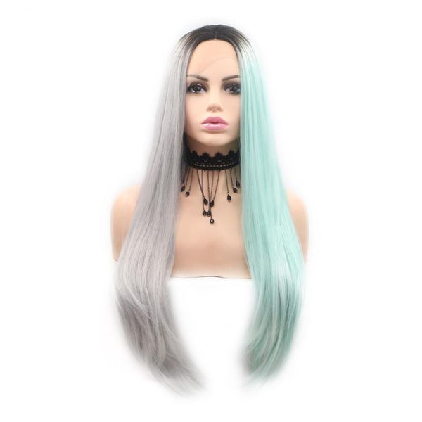 

synthetic pre plucked straight hair lace front wigs brazilian glueless green and gray color wigs for women babyhair, Black
