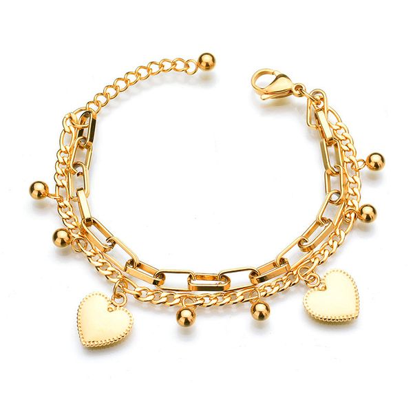 

trendy personality jewelry multilayer extension chain bead heart gold color bead stainless steel bracelets for women gift, Black