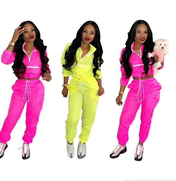 

new women zip up neck long sleeve short trench safari long pants two pieces sets sporting tracksuits outfit, White